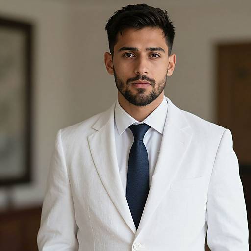Photograph of a handsome, bearded man with medium skin tone, dark hair, and brown eyes, wearing a white suit and black tie, standing
