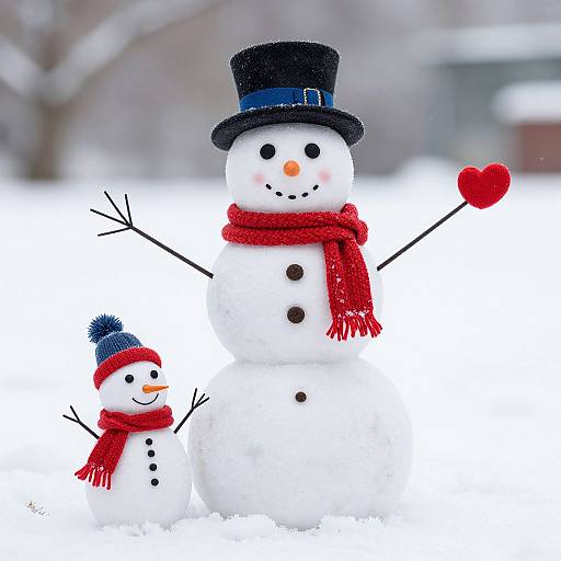 Photograph of two snowmen: taller one with black top hat, red scarf, black buttons, orange carrot nose; smaller one with blue hat,