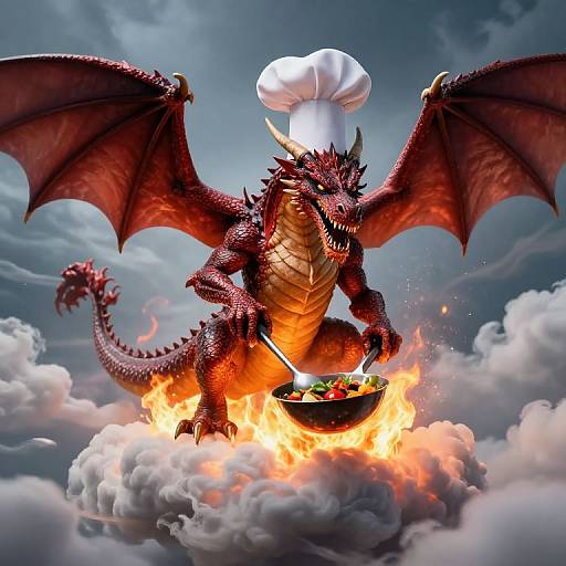 Digital artwork of a red dragon with wings, wearing a white chef hat, cooking over a fiery bowl on a cloud.