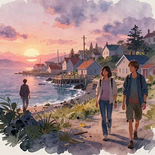 Digital painting of a sunset coastal village: two young people walk on a sandy path, another walks alone by the sea, colorful houses and boats in the