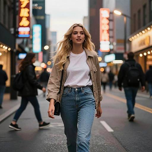 Photograph of a blonde woman with long hair, wearing a white shirt, beige jacket, and high-waisted blue jeans, walking confidently through a