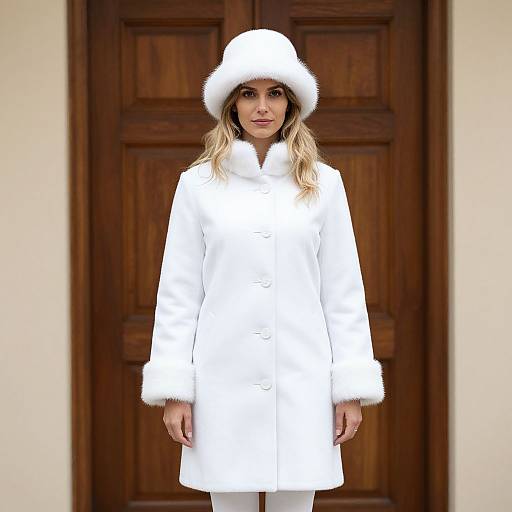 Photograph of a blonde woman in a white fur-trimmed winter coat and hat, standing against a wooden door.