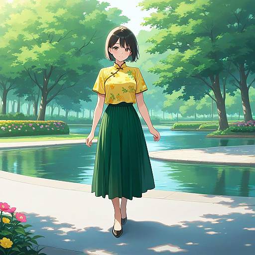 Young Woman in Floral Chinese Shirt and Green Skirt Outdoors