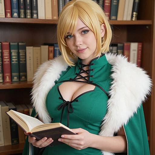 Photorealistic digital image of a blonde woman with green eyes, wearing a green, fur-trimmed, cleavage-revealing outfit, reading