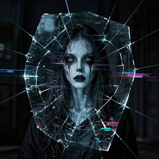 Digital art of a pale, blue-faced woman with dark, wet hair, surrounded by a shattered glass frame with neon lines.