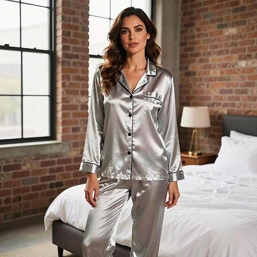 Photograph of a woman with long brown hair in silver satin pajamas, standing in an industrial-style bedroom with brick walls and large windows.