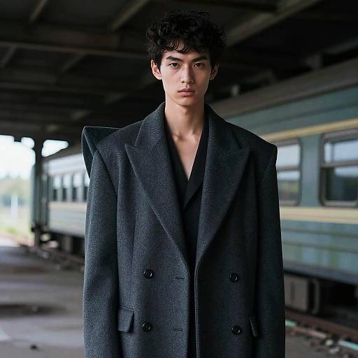 Non-binary Model in Avant-Garde Coat at Train Station