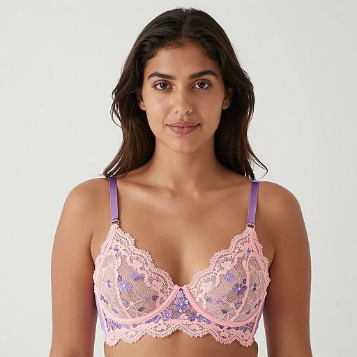 Woman Wearing Pink and Purple Lace Bra
