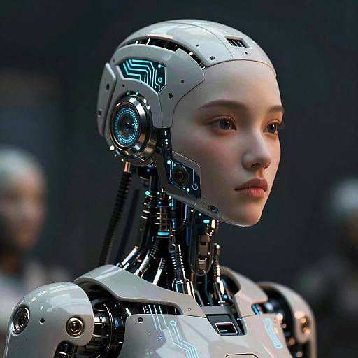 Photorealistic CGI of a female humanoid robot with white and black metallic head, glowing blue circuitry, and serene expression. Blurred background.