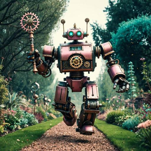 Grumpy Steampunk Robot Running in Garden