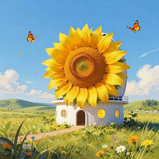 Digital art: Sunflower-shaped house with yellow petals, blue sky, three orange butterflies, green meadow, and colorful wildflowers in foreground.