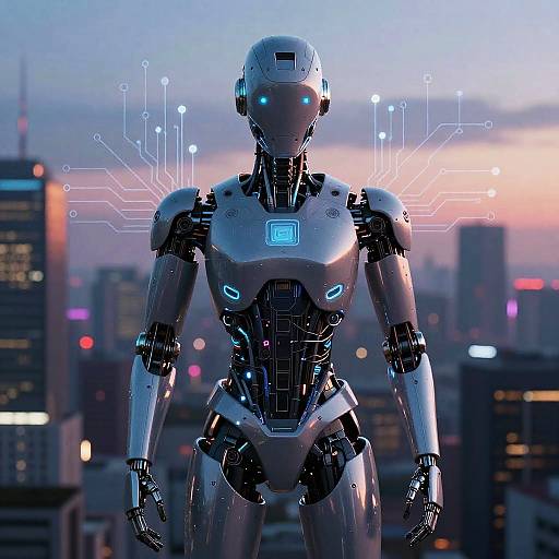 Photorealistic CGI of a futuristic, white robotic humanoid with glowing blue lights, standing in a cityscape at sunset, surrounded by digital circuitry patterns