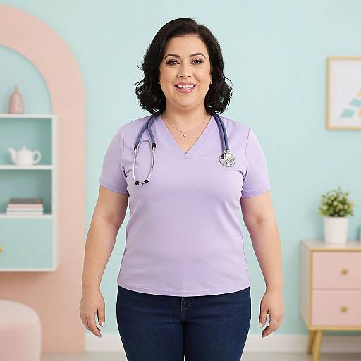 Photograph of a smiling, dark-haired, Latina nurse in a light purple V-neck top, black pants, stethoscope around her neck, standing