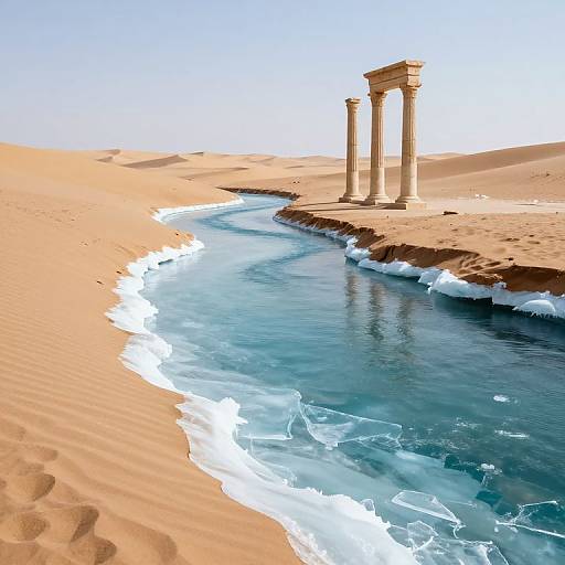 Digital artwork of a desert oasis with two ancient, beige columns standing by a flowing blue river, bordered by rippling sand dunes and white foamy