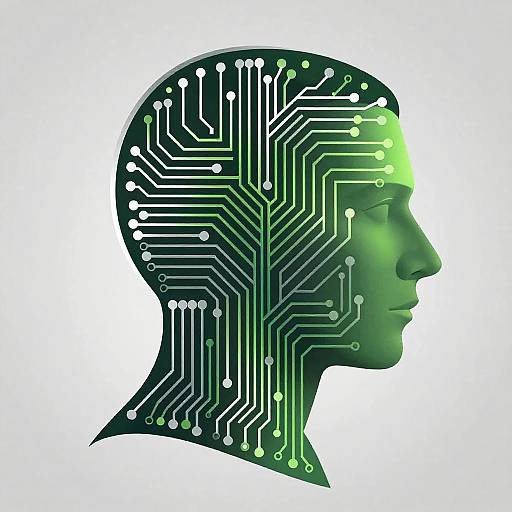 Silhouette of a human head filled with intricate green and black circuit patterns, symbolizing a digital brain, on a white background. Digital artwork.