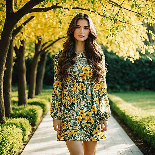 Woman in Floral Dress in Sunny Garden