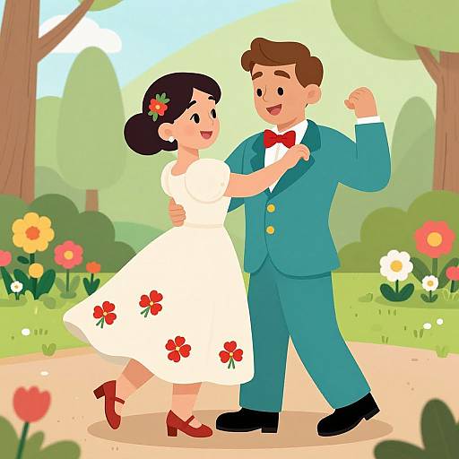 Joyful Spring Dance Cartoon Couple