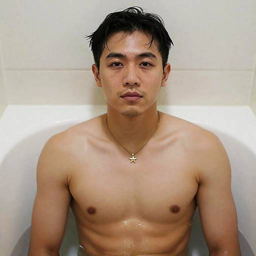 Shirtless Man in White Bathtub