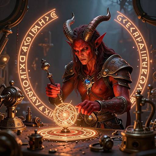 Digital illustration of a red-skinned demon with horns, muscular build, and glowing eyes, casting a spell on an enchanted circle.