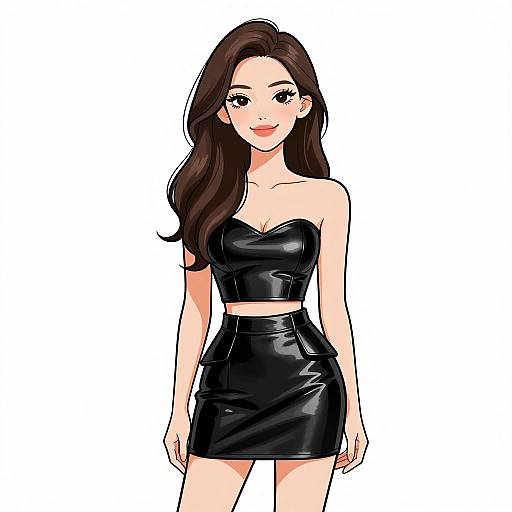 Digital anime-style drawing of a smiling woman with long brown hair, wearing a black strapless leather crop top and matching mini skirt. White background.