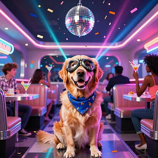 Photograph of a Golden Retriever with aviator goggles and blue bandana, sitting center in a neon-lit, retro diner with a dancing