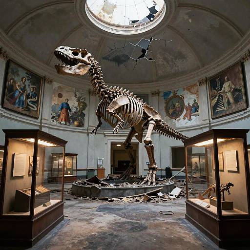 Photograph of a large, skeletal dinosaur exhibit in a dimly lit, historic museum with cracked ceiling, religious paintings, and illuminated display cases.
