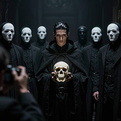 Man in Dark Cloak Holding Skull with Masked Figures