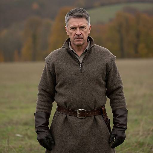 Middle-aged man with short gray hair, wearing brown woolen coat, black gloves, and belt, standing in a grassy field with autumn trees in