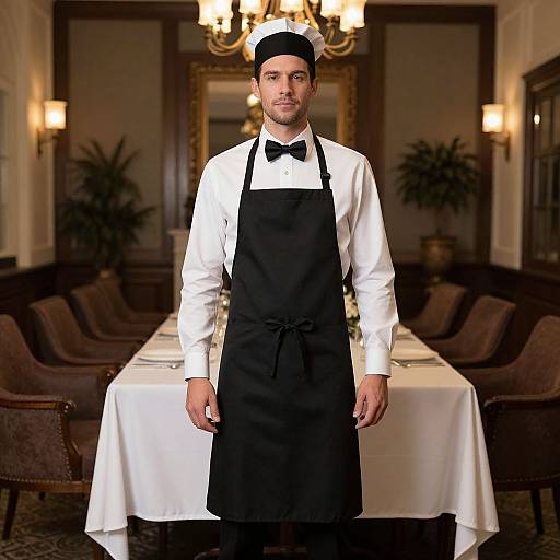 Photograph of a male waiter in a white shirt, black apron, and bow tie, standing in an elegant dining room.