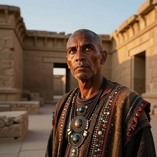 Photograph of an elderly African man with dark skin, bald, wearing ornate traditional jewelry and a patterned robe, standing in a sunlit ancient