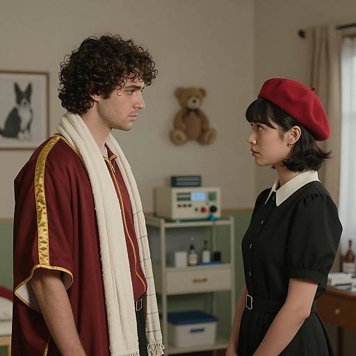 Serious Conversation Between Man and Woman in Dimly Lit Room