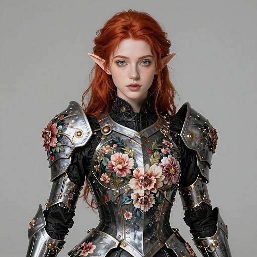 Digital artwork of a red-haired, elven warrior with pointed ears, wearing ornate, floral-patterned silver armor against a plain gray background.