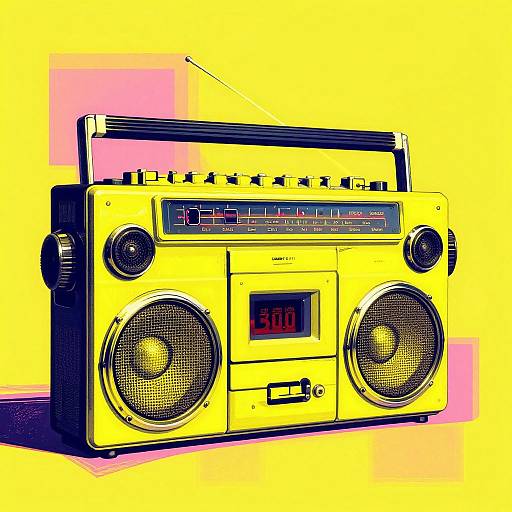 Bright yellow retro radio with large speakers, digital display 