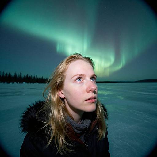 Photograph of a blonde woman with blue eyes, wearing a black winter coat, gazing at vibrant green Northern Lights above a frozen landscape at night.