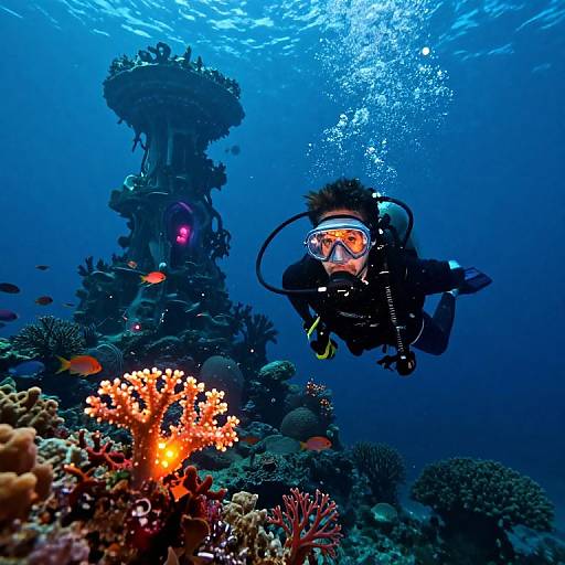 Photograph of a scuba diver in orange mask and black suit, exploring a vibrant underwater coral reef with colorful corals and a shipwreck in