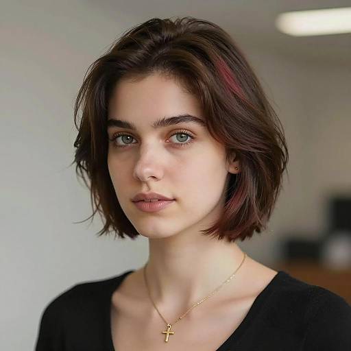 Young Woman with Short Brown Hair and Gold Cross Necklace