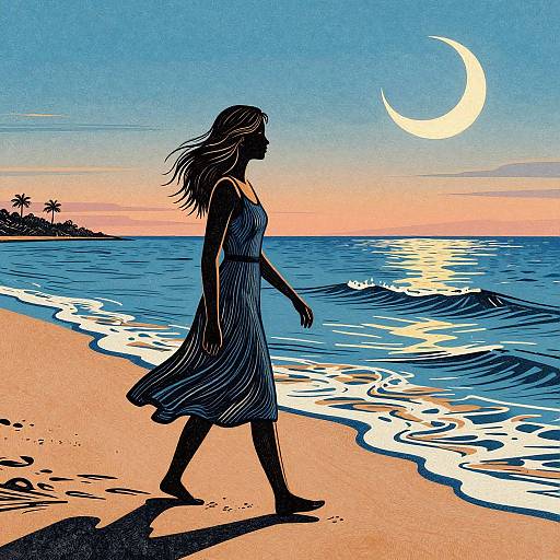 Silhouetted woman in a sleeveless dress walks on a beach at sunset, moon in sky, waves, palm trees in background. Digital art