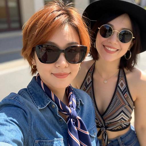 Happy women selfie outdoors in stylish outfits