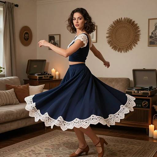 Photograph of a curly-haired woman in a navy blue, lace-trimmed, 1950s-style dress, dancing in a warmly lit,