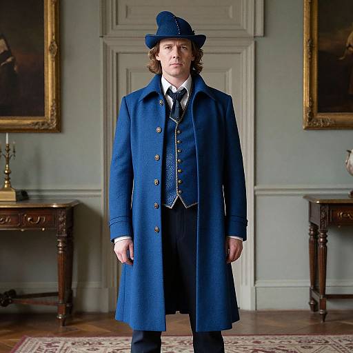 Photograph of a man with curly hair in a blue Victorian-style coat, waistcoat, tie, and hat, standing in a formal, decorated room