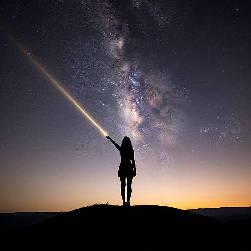 Silhouetted girl with long hair holds glowing light saber, gazing at Milky Way galaxy in night sky, horizon glowing orange. Digital art.