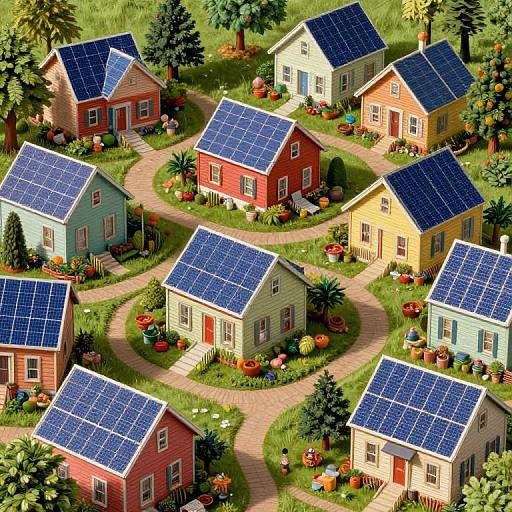 Colorful, solar-paneled, quaint houses with flower-filled gardens and winding pathways in a vibrant, green, tree-filled landscape, digitally illustrated.