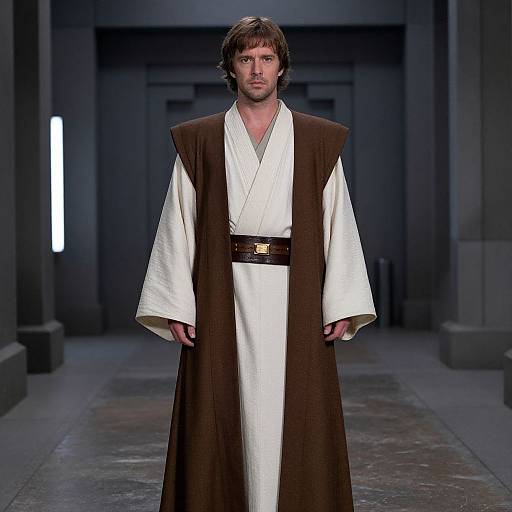 Photograph of a Caucasian man with brown hair, wearing a white Jedi robe and brown vest, standing on a dimly lit runway.