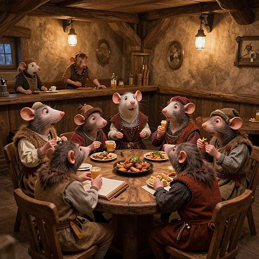 Photograph-style CGI of eight anthropomorphic rats in medieval attire, seated around a wooden table in a rustic tavern, eating and drinking, with warm,