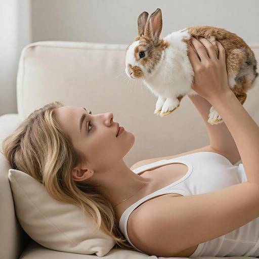 Blonde Woman with Rabbit on Couch