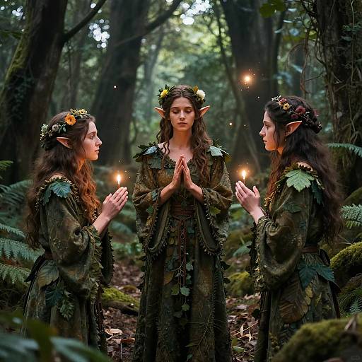 Photograph of three elf-like women with long brown hair, wearing leafy green dresses and flower crowns, standing in a forest, hands clasped