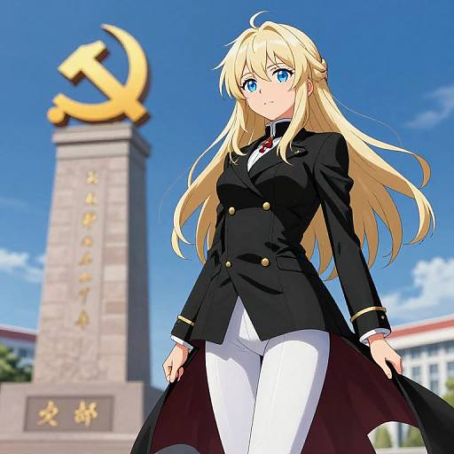 Anime-style digital drawing of a blonde, blue-eyed girl in a black military uniform and white pants, standing in front of a Soviet hammer and sickle