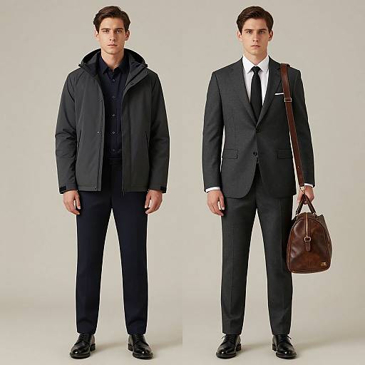 Photograph of a handsome Caucasian man with short brown hair, wearing a dark suit, black tie, and white shirt, in two outfits: one with