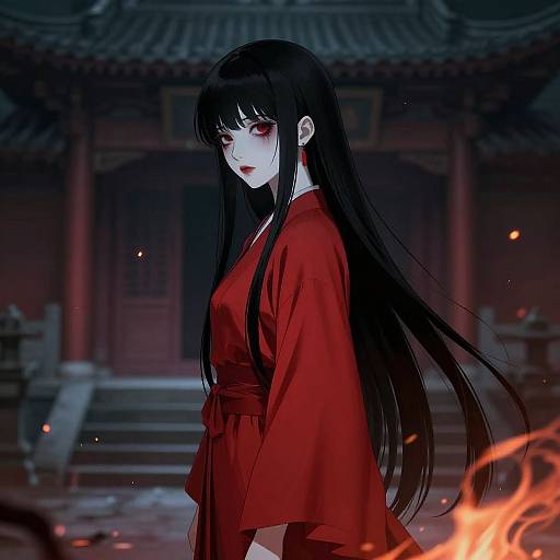 Digital anime-style drawing of a pale-skinned, long-black-haired woman in a red kimono, standing in a dark, traditional Japanese temple with fire
