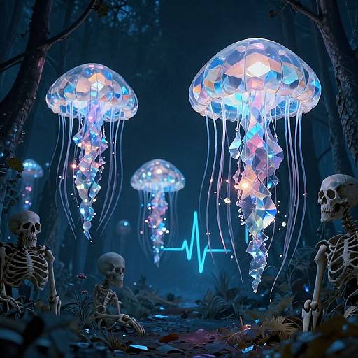 Photograph of glowing jellyfish with blue and white lights, surrounded by skeletal figures in a dark, eerie forest at night.